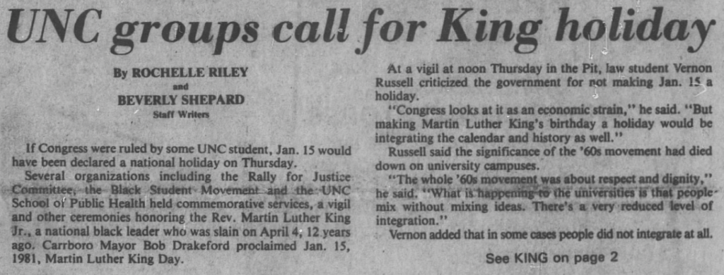 Newspaper article in which UNC students call for King holiday